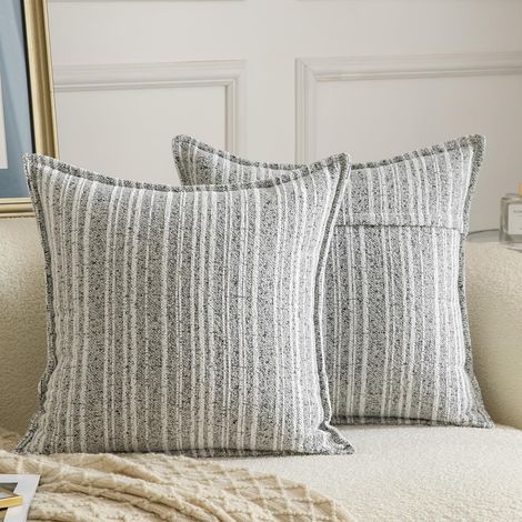 Lot de 2 Housses de coussin 40x40 cm Rayées Bouclés Fermeture éclair invisible Salon Chambre Gris Blanc