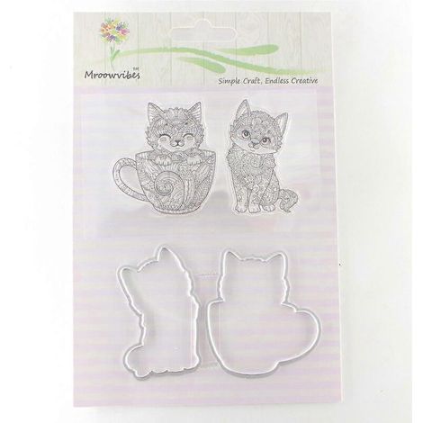 Tampon transparent en silicone pour chat + matrices de découpe en métal, pochoir, cadre pour album de scrapbooking