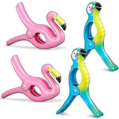 Lot de 4 pinces à linge flamant rose, idéales pour la plage, les chaises de plage et les bains. Motif perroquet. Pinces à linge et clous décoratifs. Taille King, légères et parfaites pour la terrasse 