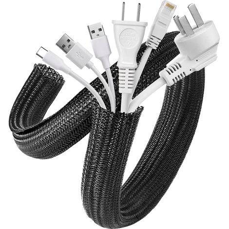Gaine de gestion de câbles — 2 mètres (largeur 19 mm) — Organiseur de câbles tressé, flexible et ajustable — Adapté pour le bureau, la TV et le matériel informatique — Noir (1/5)