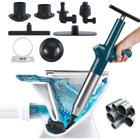 Déboucheur Canalisation Haute Pression, Déboucheur Wc Air Comprimé avec 4 Différentes Ventouses, Piston de Toilette pour Déboucher les Toilettes, Baignoire, Drain de sol, Lavabo (Noir) (1/5)