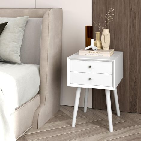 COSTWAY Nachttisch mit 2 Schubladen, Nachtschrank für Boxspringbett, Beistelltisch aus Holz, Nachtkonsole Nachtkommode für Wohnzimmer, Schlafzimmer, 40 x 40 x 59,5 cm (Weiß)