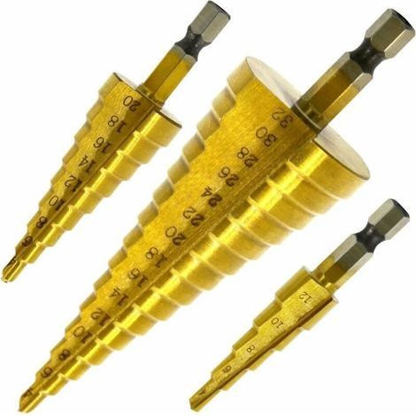 Coffret de forets pour perceuse Set de 3 Foret Fraise Meche Etage, HSS Inox Metal, 4-12/20/32mm, Triangle Conique Titane, avec Tige Hexagone, Pour Visseuse Percage sur Acier, Laiton, Bois, Plastique L (1/5)