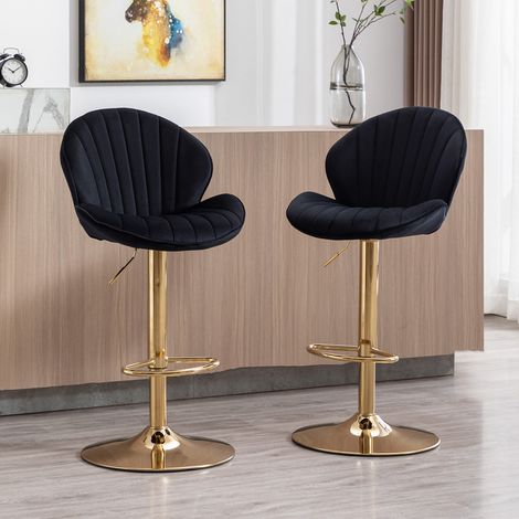 Wahson Lot de 2 tabourets de bar en velours noir – Hauteur réglable 64,5-85 cm – Dossier pour confort – Pieds en métal doré, Noir