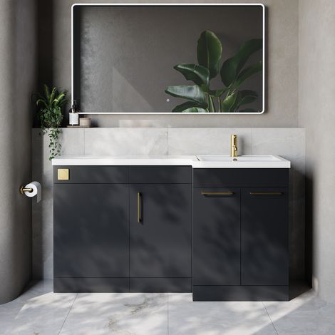 Napoli 390 Gloss Grey 1500mm 3 Door Vanity Unit Toilet Suite with Right Hand Square Lucia Basin - 1500mm - Brushed Brass 160mm HandleWithout Kingston Toilet Pan