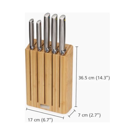 Joseph Joseph Elevate Set di 5 Coltelli da Cucina Professionale, Chef, Santoku, Acciaio Inox Giapponese, con Ceppo Portacoltelli, Legno Bambù (1/5)