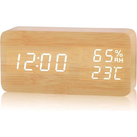 LED Réveil Électronique en Bois, Horloge Numérique avec 3 Réglages d'Alarme, Numérique Réveil Alimenté par USB Affichage de l'Heure, de la Température et de l'Humidité,12/24 Heure (1/5)