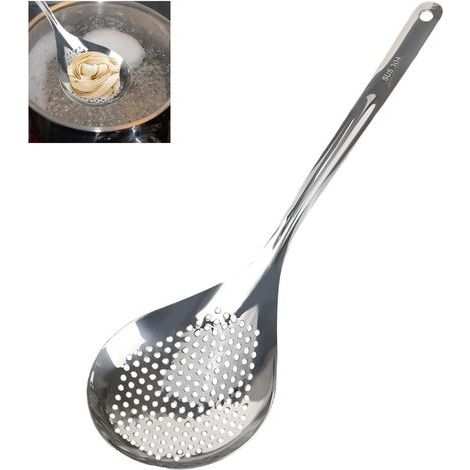 Schaumlöffel aus Edelstahl – 35,4 x 10,8 cm – Küchenutensil aus Metall – Mit langem, ergonomischem Griff – Abtropflöffel für Gemüse und Nudeln (1/5)