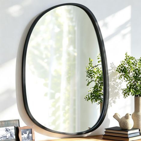Miroir Noir asymétrique à Suspendre en Bois pour Le Mur Cadre irrégulier Petit Miroir Mural Moderne Décoratif Chambre à Coucher Salon Salle de Bains Entrée Vanité Esthétique Miroir Ovale (1/5)
