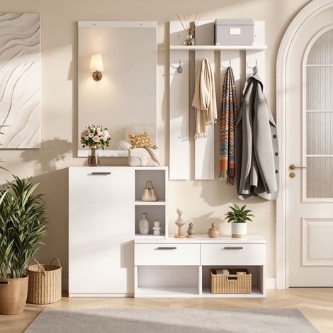 Modernluxe - Ensemble vestiaire d'entrée - Avec meuble à chaussures, miroir et crochets - 2 tiroirs et 1 porte - Blanc (1/4)