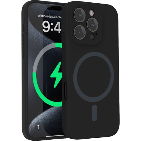 (Noir, iPhone 13) Coque pour iPhone, silicone liquide, protection de l'objectif, fixation magnétique puissante.