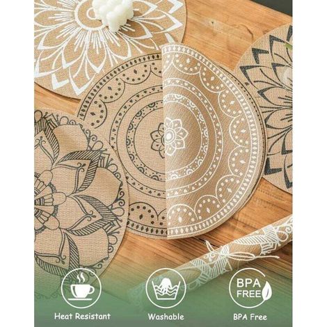 Sets de Table Ronds Bohème Imprimé PVC Tressé Lot de 6 Lavable Résistant à la Chaleur Antidérapant pour Cuisine Salle à Manger (1/3)