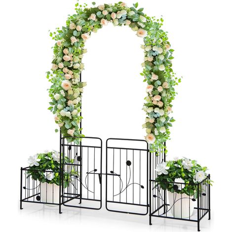COSTWAY Metal Garden Arbor 220cm Arch Trellis with 2 Side Planters-Black (1/5)