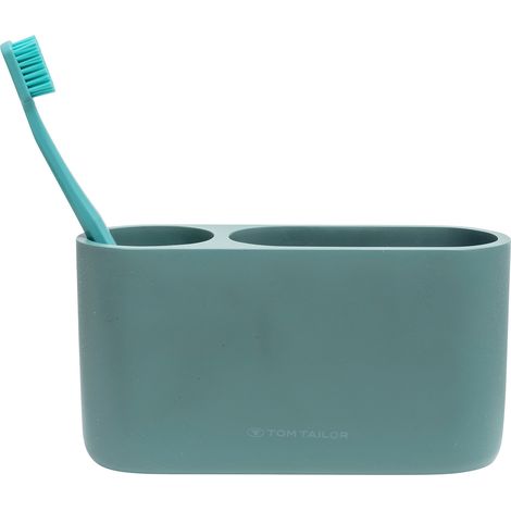 Support brosse à dents 2 compartiments TOM TAILOR x WENKO, accessoires salle de bain, Porte-brosse à dents, Gobelet à dents, Rangement salle de bain, support éponge cuisine, Coloris Vert, DIM 18x9x6cm (1/3)