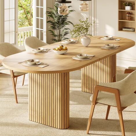 Table à manger extensible 120-160 x 80 x 75,5 cm, ovale grande capacité montage facile stable, salle à manger, MDF, Natural