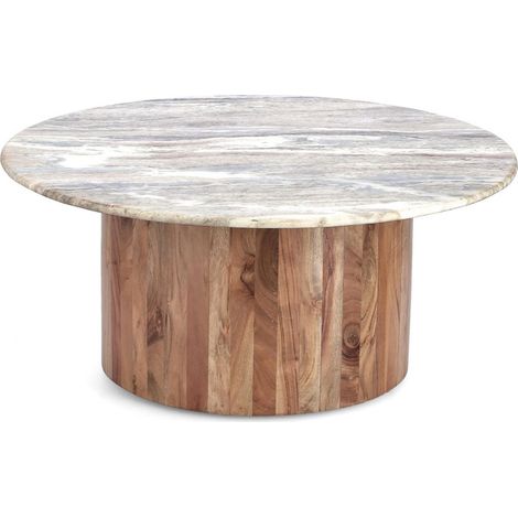 Hellin – Table basse ronde en marbre beige et bois d'acacia D80 – Plateau 80x80cm – Design moderne et convivial – À assembler (1/4)