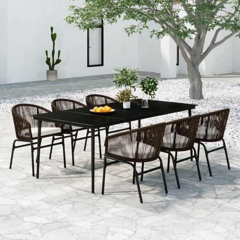 Salon de jardin 7 pièces, table noire et chaises marron en acier, verre et rotin PVC - PANGIVO (1/5)