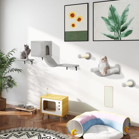 Juego de Escalada para Gatos de Pared de 6 Piezas con Condominio Plataforma Hamaca Escaleras y Tabla de Rascar Gris (1/5)