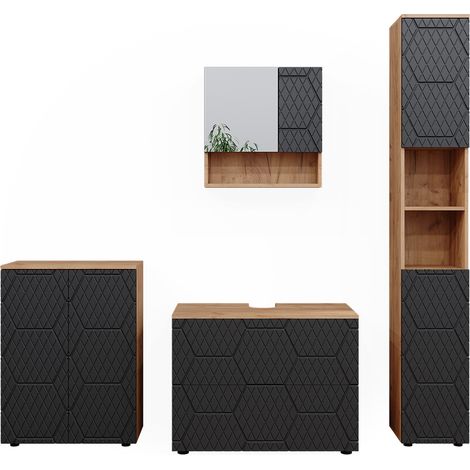 Conjunto de muebles de baño Irma, Rayas antracita, 4 piezas, con cajonera y mueble midi, Vicco