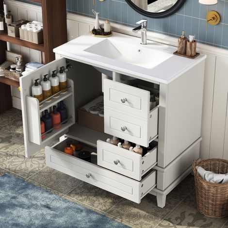 MODFU – Mueble bajo lavabo 81x47x86 cm de MDF/cerámica con lavabo, 3 cajones, puerta amortiguada, acabado lacado y carga 45 kg – Blanco brillante (1/5)