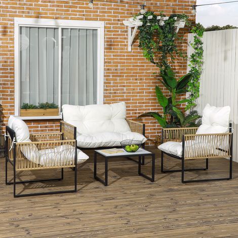 4-Teiliges Gartenmöbel-Set – 2-Sitzer-Sofa + 2 Sessel – Couchtisch aus Sicherheitsglas – 3 Kissen – Creme