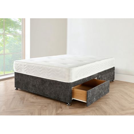 4ft6 double Divan bed base Charcoal Chenille Fabric with Storage Drawers on Same Side. (4FT6 Double Charcoal Chenille-2 Drawers)