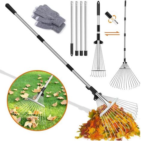 Râteau de jardin, râteau à feuilles, râteau à feuilles, râteau à gazon avec perche métallique réglable de 2,15 m et gants pour nettoyer les plantes, pelouses et terrasses (1/5)