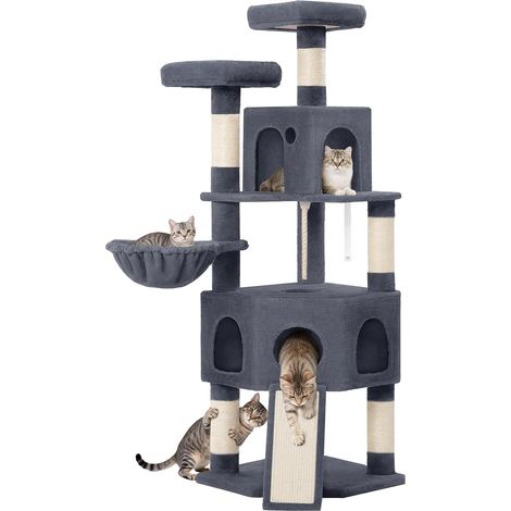 Grand Arbre à Chat Hauteur 174 cm, XL, avec 4 Griffoirs, 2 Plateformes, 2 Niches, 1 Griffoir pour Chat, Corde en Sisal, Pompons, Robustesse pour Familles Multi-Chats, Gris Foncé (1/5)