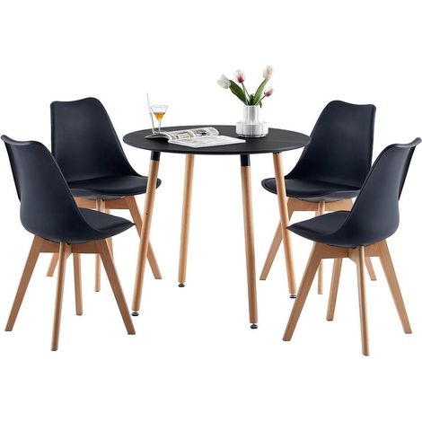 Runder Esstisch 80x80cm Schwarz mit Massivholzbeinen, skandinavisch, höhenverstellbar (1/5)