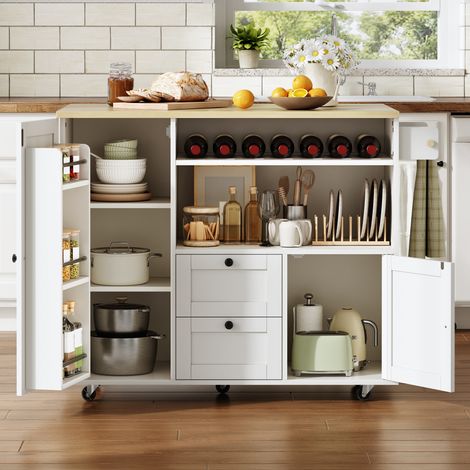 Îlot de cuisine mobile avec plan de travail rabattable, chariot de cuisine, buffet avec rangement, armoire à serviettes, tiroir, porte-bouteilles intégré et roulettes verrouillables, 104 × 45 (69) × 8 (1/5)