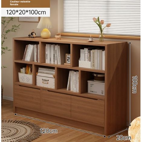 Bibliothèque basse contre‑mur panneau dérivé bois, multiples compartiments et tiroirs, fond fermé base au sol plateau large, meuble de rangement pratique pour salon et chambre à coucher (1/5)
