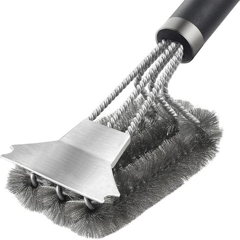 Brosse à barbecue à trois têtes en acier inoxydable avec grattoir intégré, brosse en acier robuste pour éliminer les taches d'huile tenaces sur les grilles de barbecue, 45,8 cm de long, outil de netto (1/4)