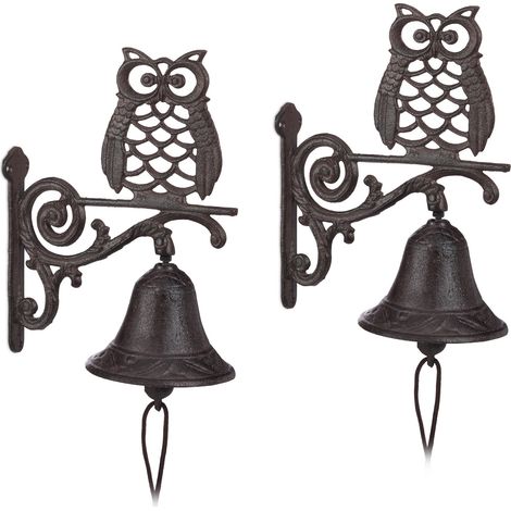 Set of 2 Relaxdays Cast Iron Door Bell Owl, Antique, Country House Style, Weatherproof Garden Decoration, Dark Brown
