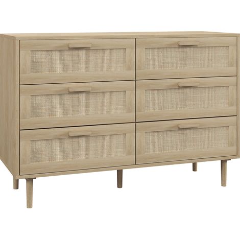 Commode 6 tiroirs en bois et rotin, style bohème, pour salon et chambre, 110 x 40 x 75 cm (1/5)
