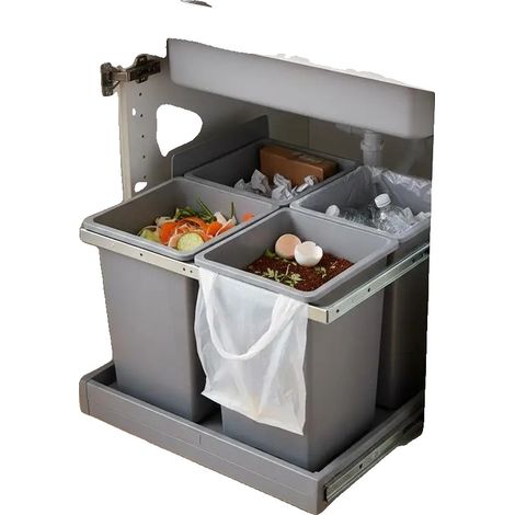Poubelle à tirage, design encastré, capacité double de 20L, vert armée (1/2)