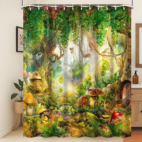 Rideau de Douche forêt de Conte de fées Rideau de Douche Champignon Vert Arbre Herbe Printemps Forêt enchantée Jungle Rideau de Douche Tissu imperméable et Lavable en Machine 150x200cm (1/5)
