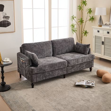 Canapé moderne 2 places en chenille — Doté de pieds en bois massif, d'un éclairage LED, de ports de charge USB et de poches de rangement latérales — Adapté aux salons, chambres ou bureaux (Tissu cheni (1/4)