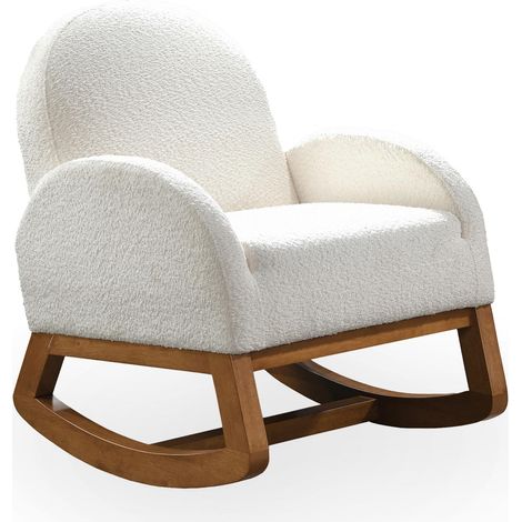 Mobilier Deco – Fauteuil à bascule effet peau de mouton blanc – Dossier enveloppant – Assise rembourrée – Pieds en bois massif (1/4)
