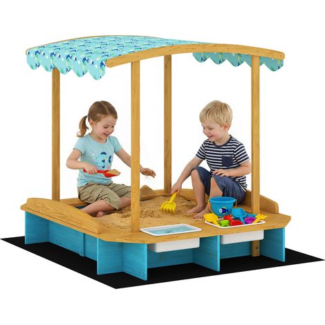 AIYAPLAY arenero para niños de madera con techo, arenero infantil con 3 bancos, 2 cajas de pp, forro, para niños de 3-6 años, 128x118x121 cm, azul (1/5)