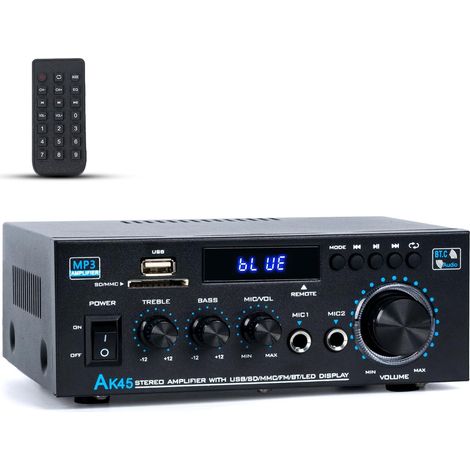 Bluetooth Hifi Audio Stéréo, 300 W x 2, 2 canaux pour home cinéma et haut-parleurs d'étagère, avec radio FM, karaoké, avec USB/SD/RCA/MIC/FM, avec télécommande, pour garage, bar