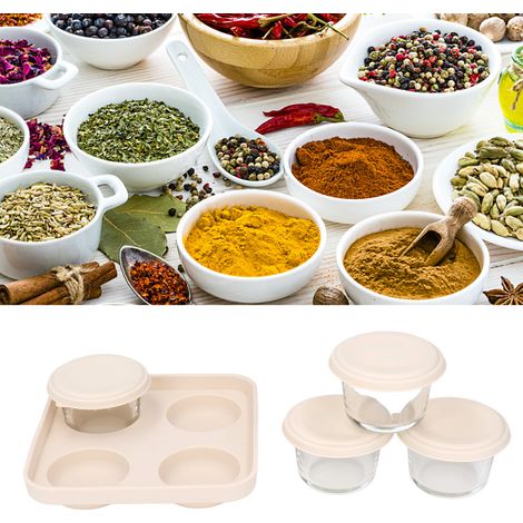 Wiederverwendbarer Saucenbehälter aus lebensmittelechtem Silikon, durchsichtige Verpackungsbox mit vier Fächern für Gewürze, Bento-Box für leichten Salat, cremeweiß. (1/5)