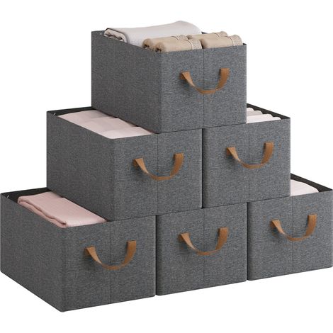 WOLTU Set of 6 Foldable Storage Boxes, Fabric Containers with Handles, 37.5x26x20 cm, Grey+Brown