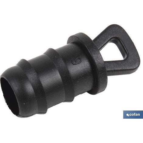 Tapón final para riego 16 mm, diseño escalonado y resistente para evitar fugas.