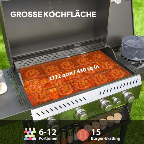 Barbecue au gaz 4 feux principaux + 1 brûleur latéral + 1 plaque chauffe-plat, 135x55x103 cm, noir (1/4)