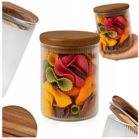 Glas-Vorratsbehälter – geriffelt mit Holzdeckel, 420 ml
