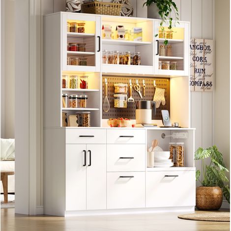 Aparador de cocina de 185x145x40 cm con iluminación LED RGB, tomas AC+USB, 5 cajones, estantes ajustables, MDF blanco. (1/5)