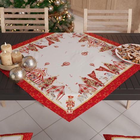 Centre de Table de Noël 90x90 cm, Tissu en Microfibre Doux et Résistant, Décoration Élégante pour Fêtes, Motif 'Cirque', 100% Fabriqué en Italie (1/3)