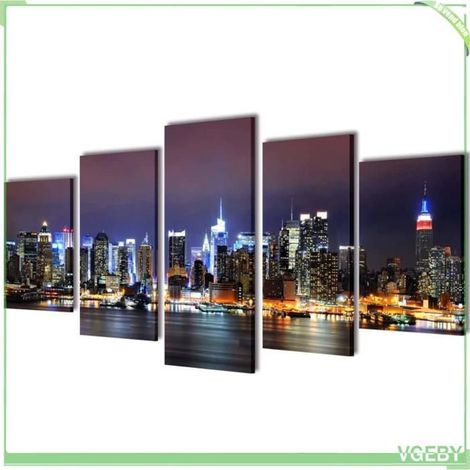 Set de 5 toiles murales imprimées - Horizon de New York - 200 x 100 cm - Cadre bois & toile imperméable - Contemporain (1/3)