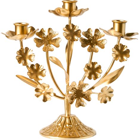 Candelero para 3 velas decoración minimalista motivo floral dorado Ramada