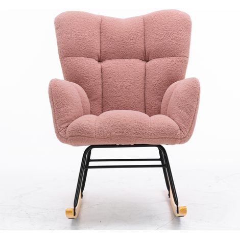 Poltrona a dondolo moderna in tessuto teddy rosa con schienale trapuntato e braccioli (1/5)
